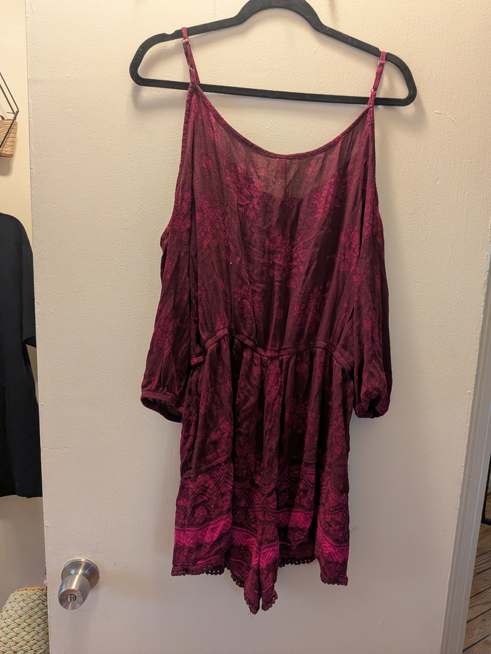 Mudd Burgundy Cold-Shoulder Romper with Patterned Hem